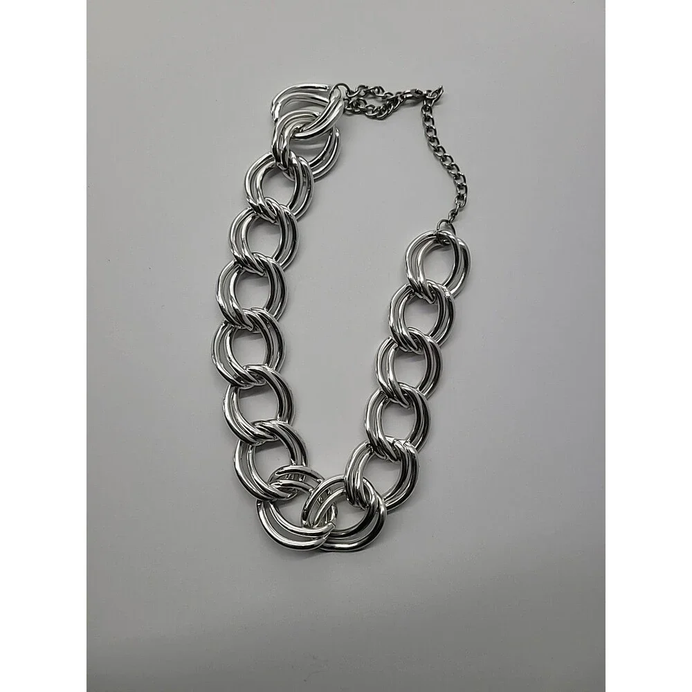 Chunky Silver Tone Link Necklace Oversized Chain Statement Collar - Picture 7 of 10